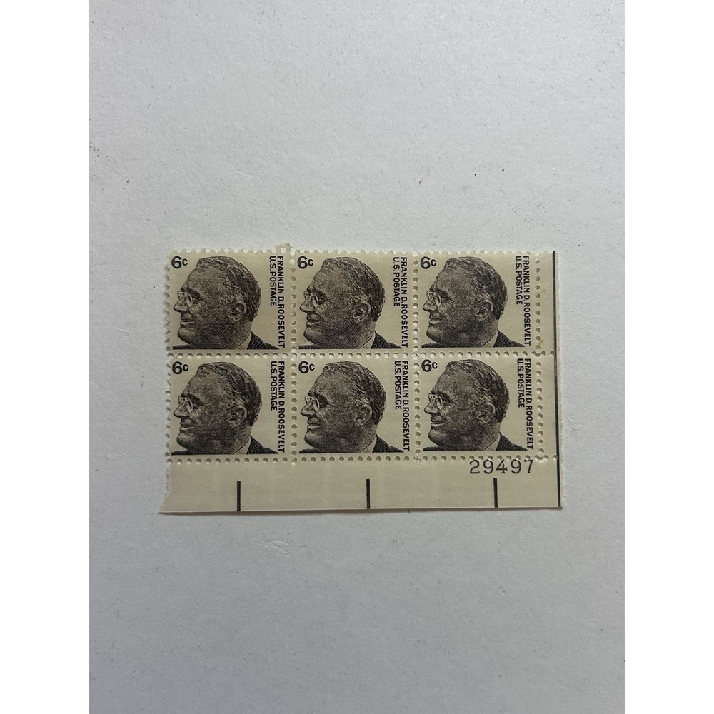 US Franklin D. Roosevelt 6c Gray Stamp Plate Block of 6, Plate #29497 MNH